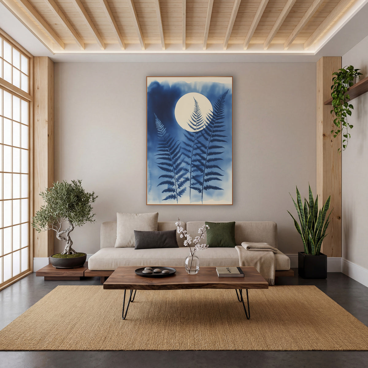 Indigo Fern Moon Botanical wall art in a calm Japandi-style room – three indigo blue fern fronds in front of a large