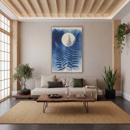 Indigo Fern Moon Botanical wall art in a calm Japandi-style room – three indigo blue fern fronds in front of a large