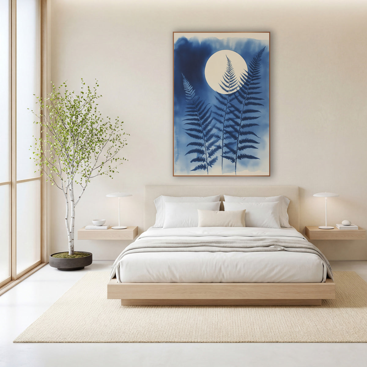Indigo Fern Moon Botanical wall art in a calm Japandi-style room – three indigo blue fern fronds in front of a large