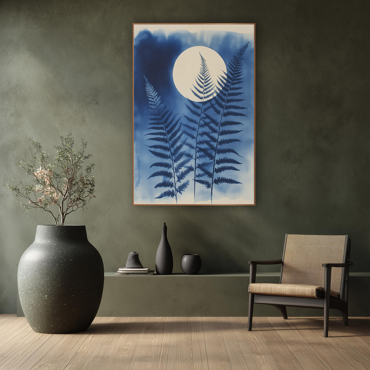 Indigo Fern Moon Botanical wall art in a calm Japandi-style room – three indigo blue fern fronds in front of a large