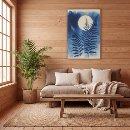 Indigo Fern Moon Botanical wall art in a calm Japandi-style room – three indigo blue fern fronds in front of a large