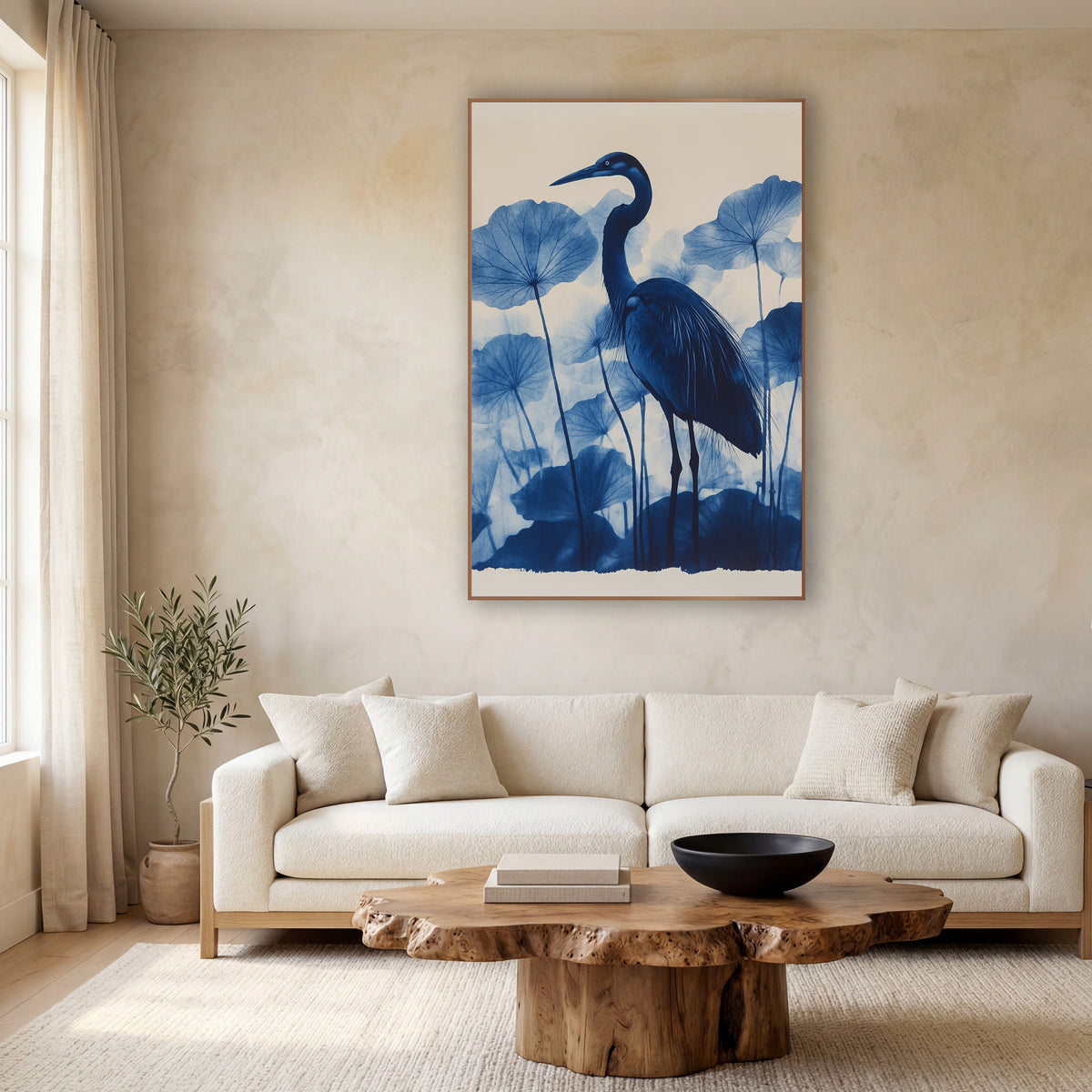 Blue Heron Lotus Leaves Botanical wall art in a calm Japandi-style room – tall blue heron with a curved neck standing