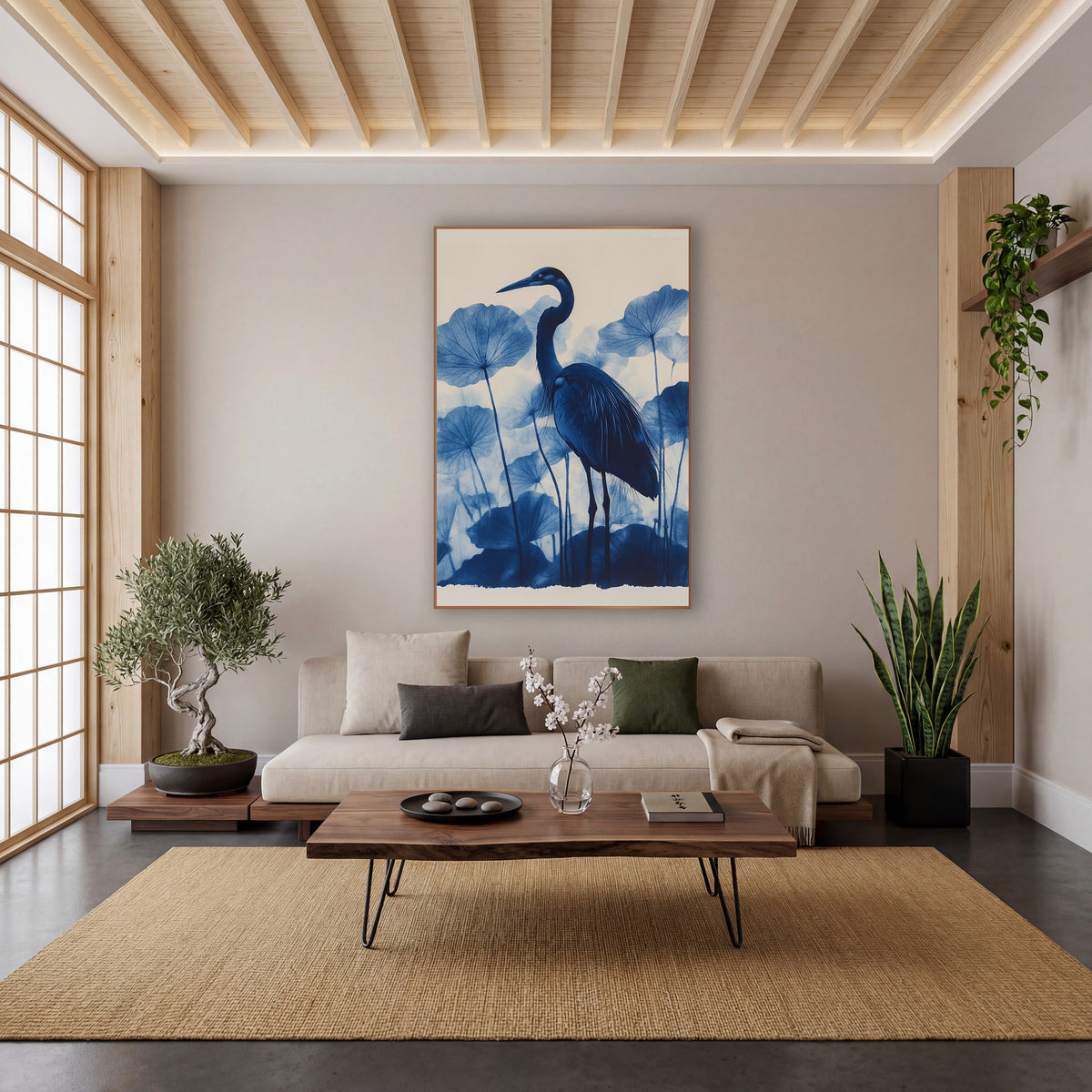 Blue Heron Lotus Leaves Botanical wall art in a calm Japandi-style room – tall blue heron with a curved neck standing