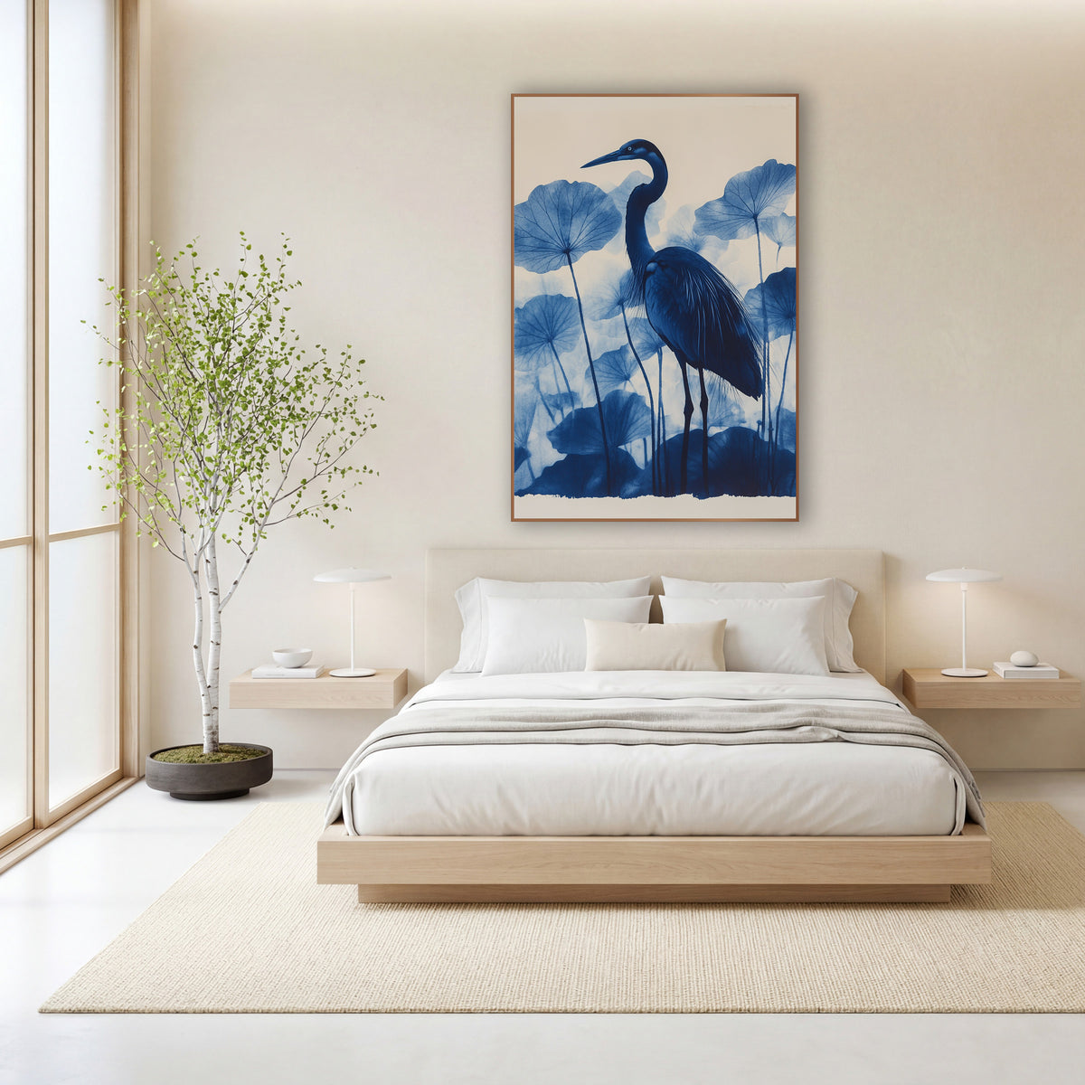 Blue Heron Lotus Leaves Botanical wall art in a calm Japandi-style room – tall blue heron with a curved neck standing