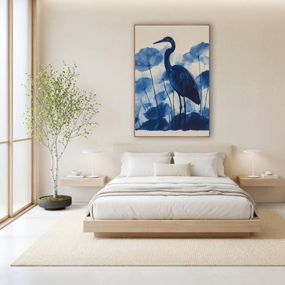 Blue Heron Lotus Leaves Botanical wall art in a calm Japandi-style room – tall blue heron with a curved neck standing