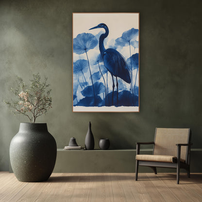 Blue Heron Lotus Leaves Botanical wall art in a calm Japandi-style room – tall blue heron with a curved neck standing