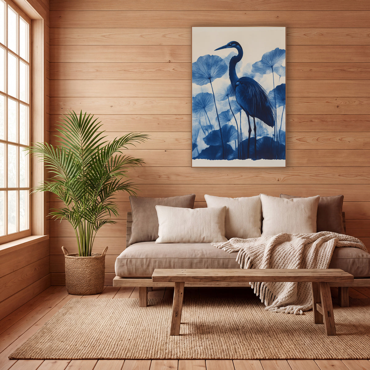 Blue Heron Lotus Leaves Botanical wall art in a calm Japandi-style room – tall blue heron with a curved neck standing