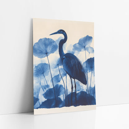 Blue Heron Lotus Leaves Botanical art print leaning against a white wall – tall blue heron with a curved neck standing among