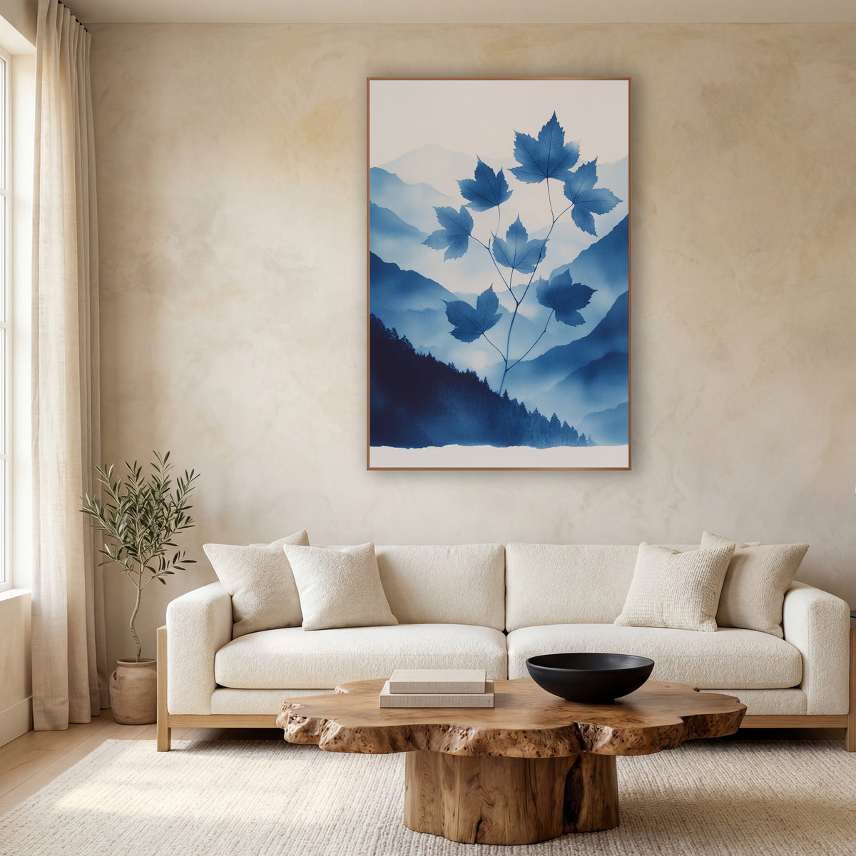 Rising Maple Sprig Cyanotype Mountains wall art in a calm Japandi-style room – blue maple leaves on thin stems