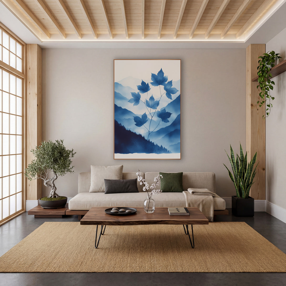 Rising Maple Sprig Cyanotype Mountains wall art in a calm Japandi-style room – blue maple leaves on thin stems