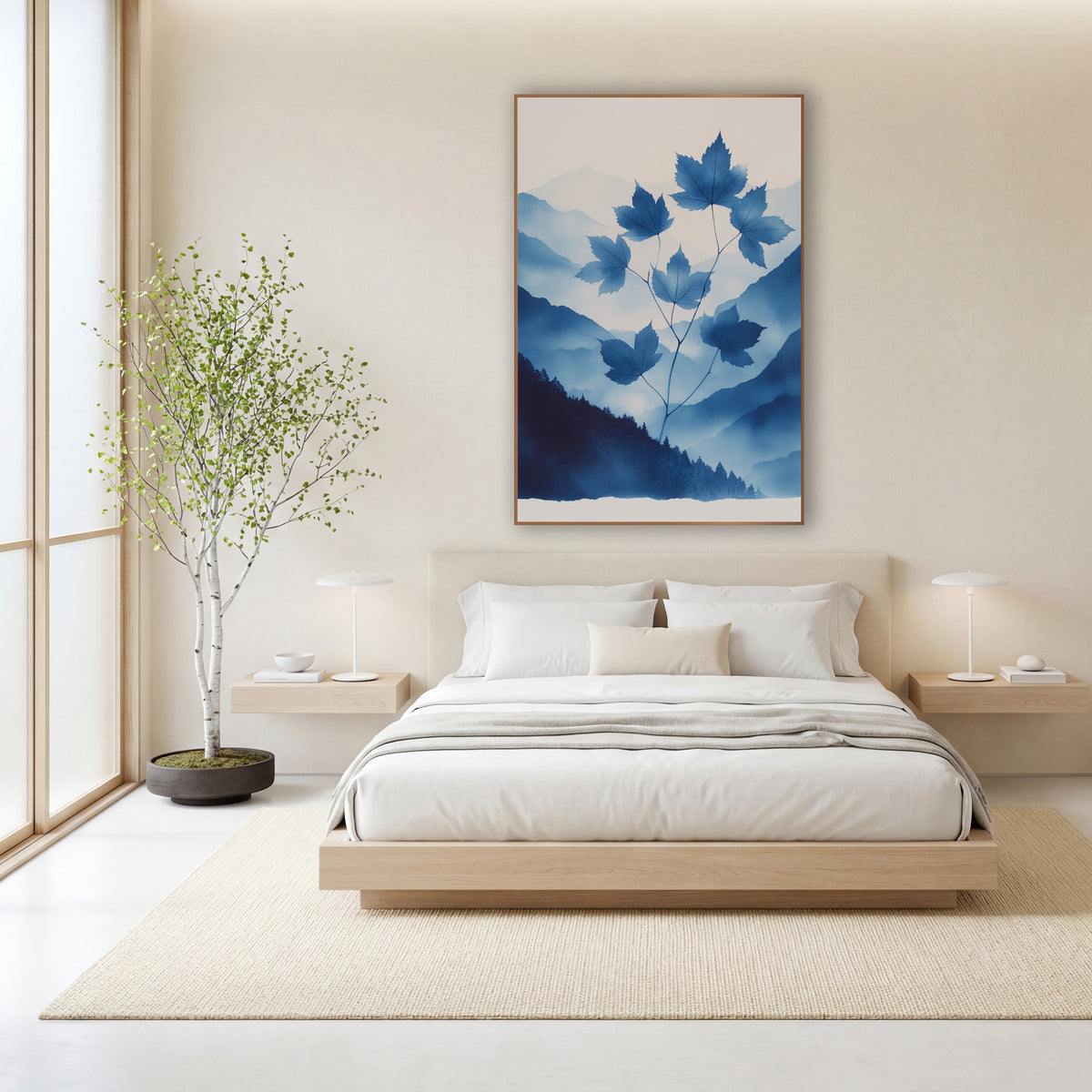 Rising Maple Sprig Cyanotype Mountains wall art in a calm Japandi-style room – blue maple leaves on thin stems