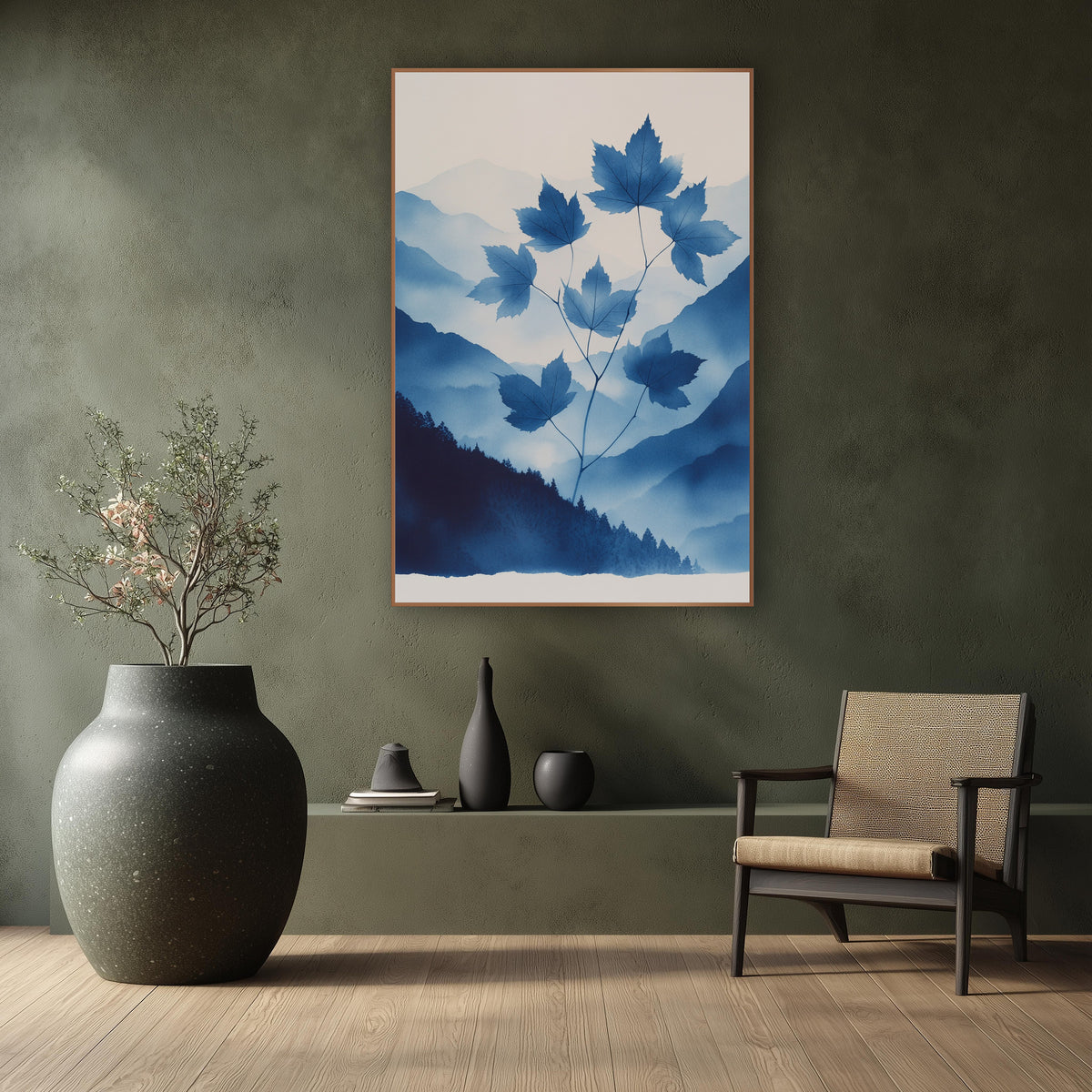 Rising Maple Sprig Cyanotype Mountains wall art in a calm Japandi-style room – blue maple leaves on thin stems