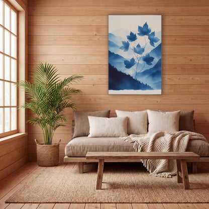 Rising Maple Sprig Cyanotype Mountains wall art in a calm Japandi-style room – blue maple leaves on thin stems