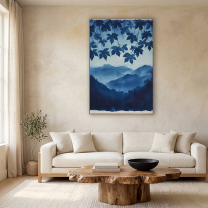 Hanging Maple Canopy Indigo Valley wall art in a calm Japandi-style room – indigo maple leaves hanging over layered