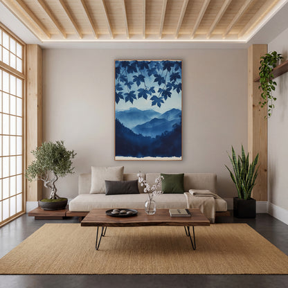 Hanging Maple Canopy Indigo Valley wall art in a calm Japandi-style room – indigo maple leaves hanging over layered