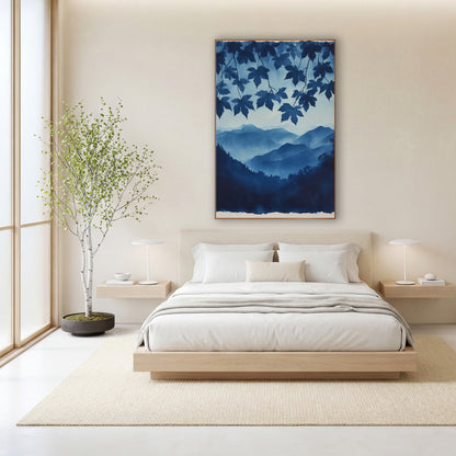 Hanging Maple Canopy Indigo Valley wall art in a calm Japandi-style room – indigo maple leaves hanging over layered