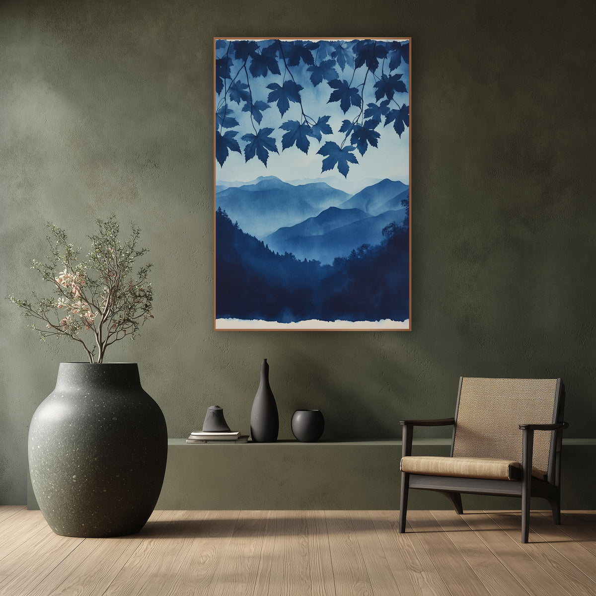 Hanging Maple Canopy Indigo Valley wall art in a calm Japandi-style room – indigo maple leaves hanging over layered
