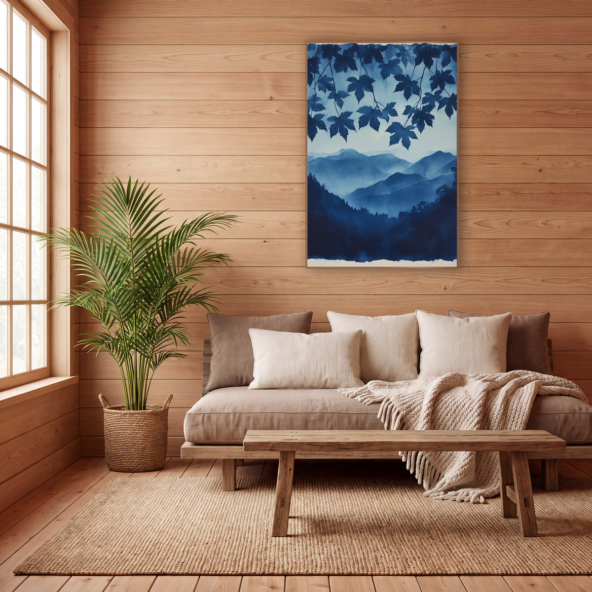 Hanging Maple Canopy Indigo Valley wall art in a calm Japandi-style room – indigo maple leaves hanging over layered