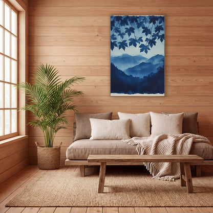 Hanging Maple Canopy Indigo Valley wall art in a calm Japandi-style room – indigo maple leaves hanging over layered