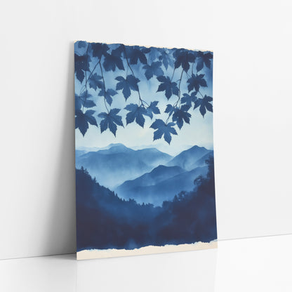 Hanging Maple Canopy Indigo Valley art print leaning against a white wall – indigo maple leaves hanging over layered misty