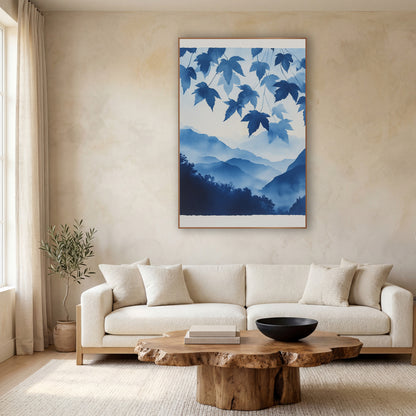 Indigo Maple Leaves Misty Mountain wall art in a calm Japandi-style room – indigo maple leaves hanging above layered