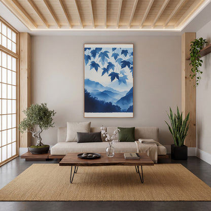 Indigo Maple Leaves Misty Mountain wall art in a calm Japandi-style room – indigo maple leaves hanging above layered