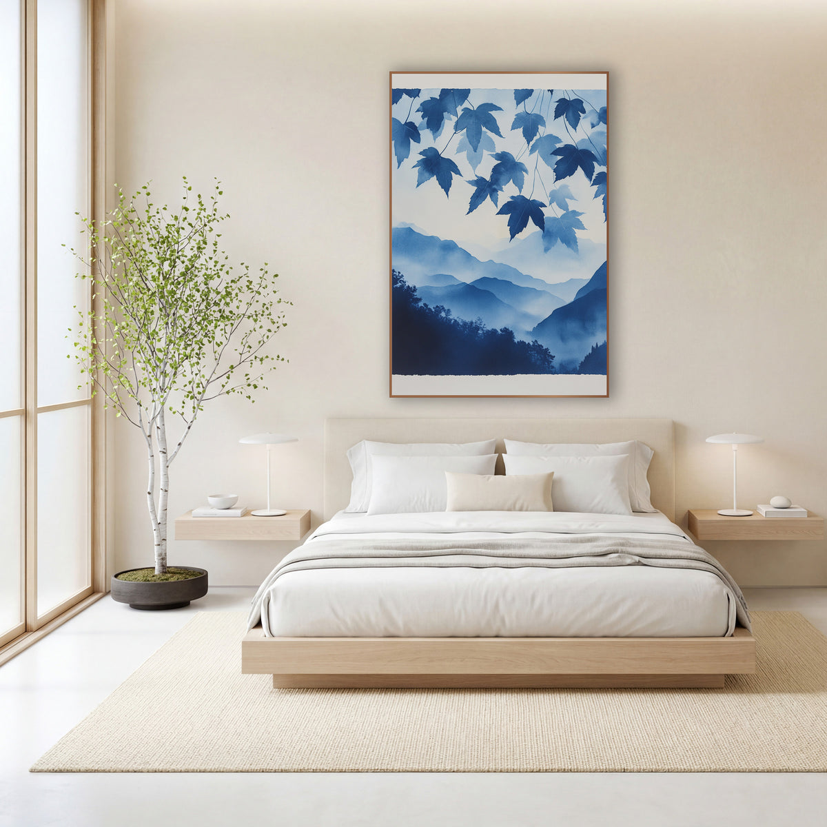Indigo Maple Leaves Misty Mountain wall art in a calm Japandi-style room – indigo maple leaves hanging above layered