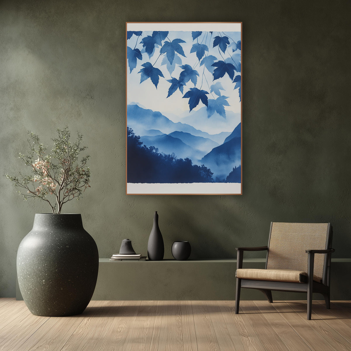 Indigo Maple Leaves Misty Mountain wall art in a calm Japandi-style room – indigo maple leaves hanging above layered