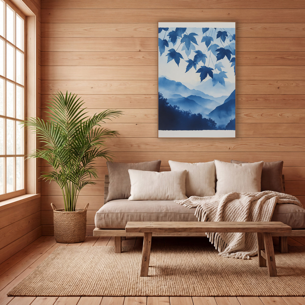 Indigo Maple Leaves Misty Mountain wall art in a calm Japandi-style room – indigo maple leaves hanging above layered