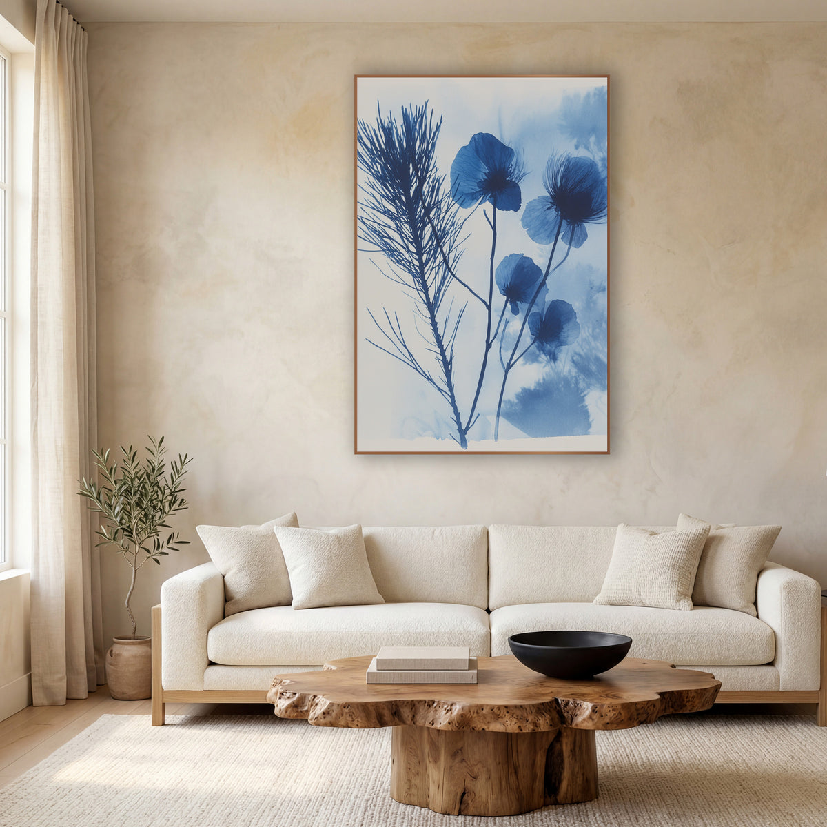 Indigo Seedhead Silhouette Botanical wall art in a calm Japandi-style room – dark blue feathery sprig and four