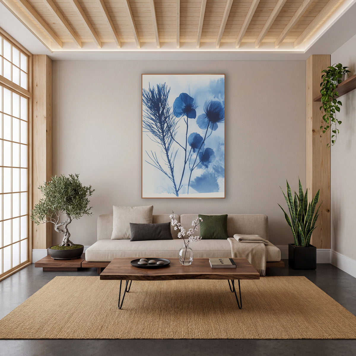 Indigo Seedhead Silhouette Botanical wall art in a calm Japandi-style room – dark blue feathery sprig and four