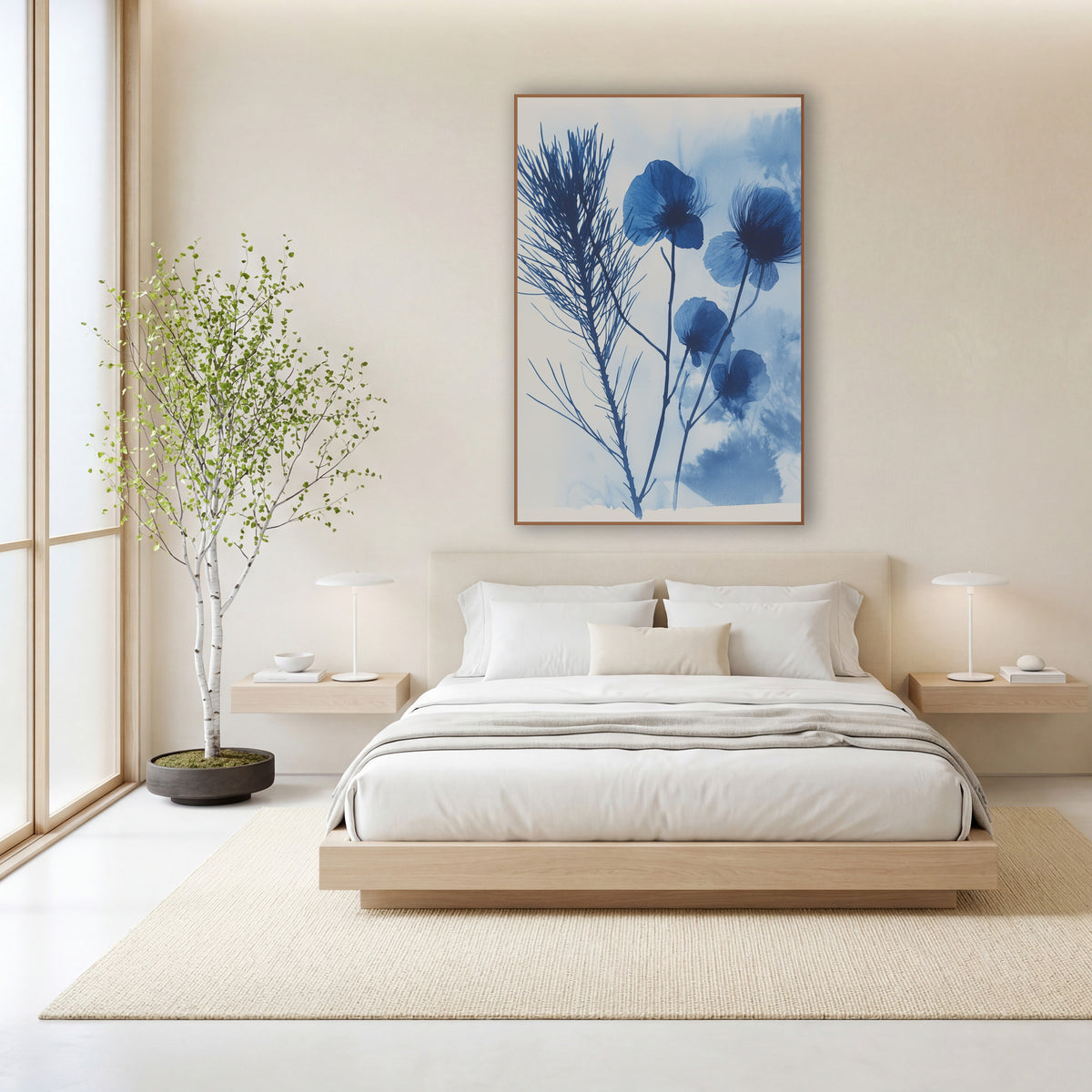 Indigo Seedhead Silhouette Botanical wall art in a calm Japandi-style room – dark blue feathery sprig and four