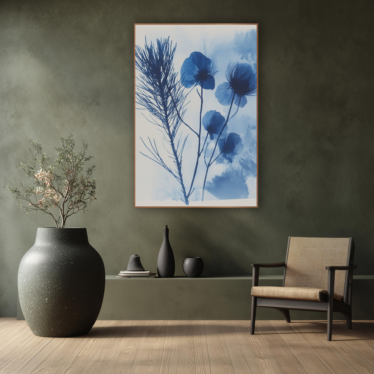 Indigo Seedhead Silhouette Botanical wall art in a calm Japandi-style room – dark blue feathery sprig and four