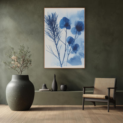 Indigo Seedhead Silhouette Botanical wall art in a calm Japandi-style room – dark blue feathery sprig and four