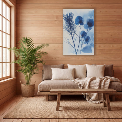 Indigo Seedhead Silhouette Botanical wall art in a calm Japandi-style room – dark blue feathery sprig and four