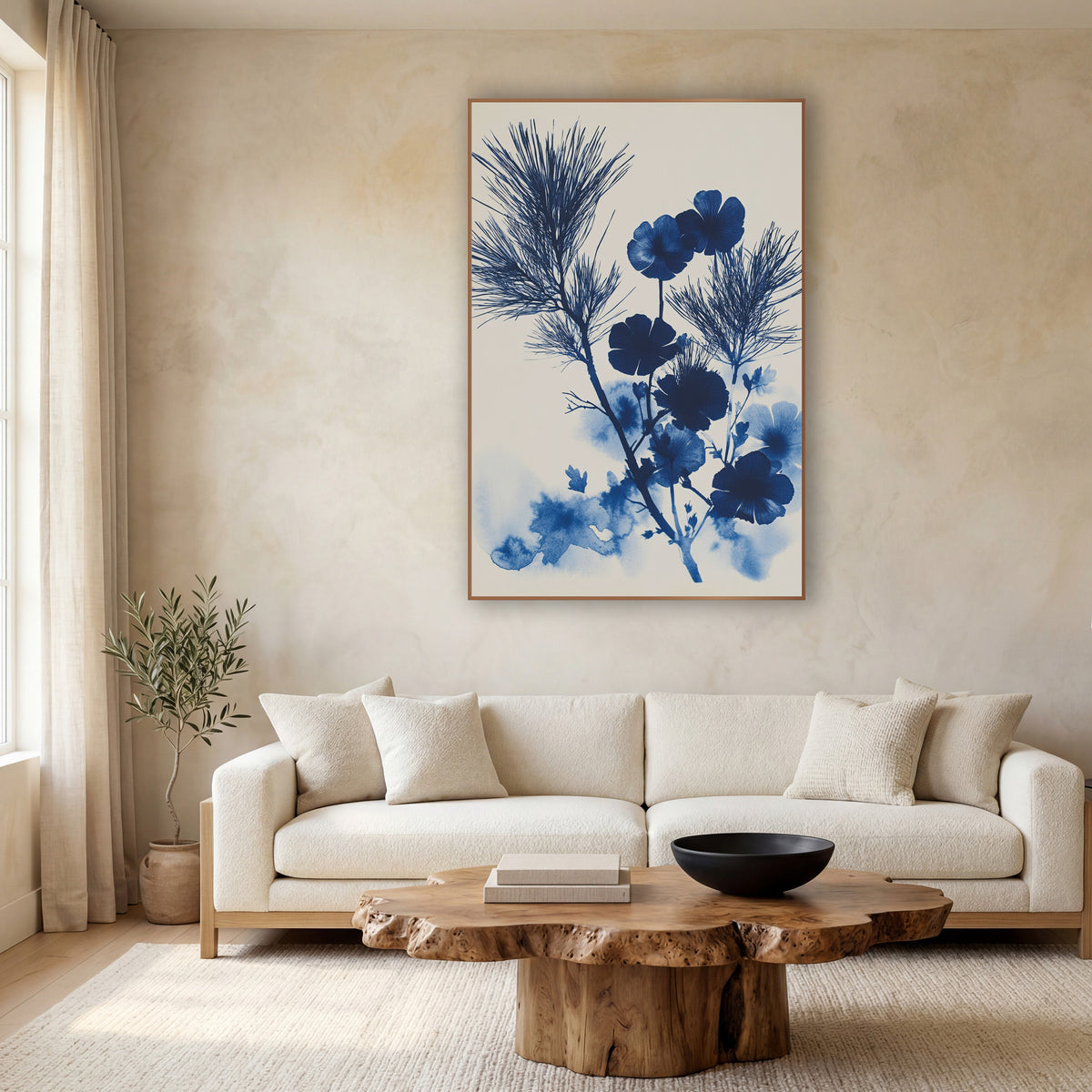 Indigo Evergreen Bloom Japandi Botanical wall art in a calm Japandi-style room – deep blue evergreen sprigs and round
