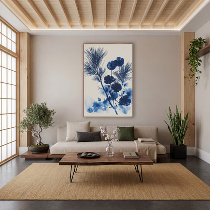 Indigo Evergreen Bloom Japandi Botanical wall art in a calm Japandi-style room – deep blue evergreen sprigs and round