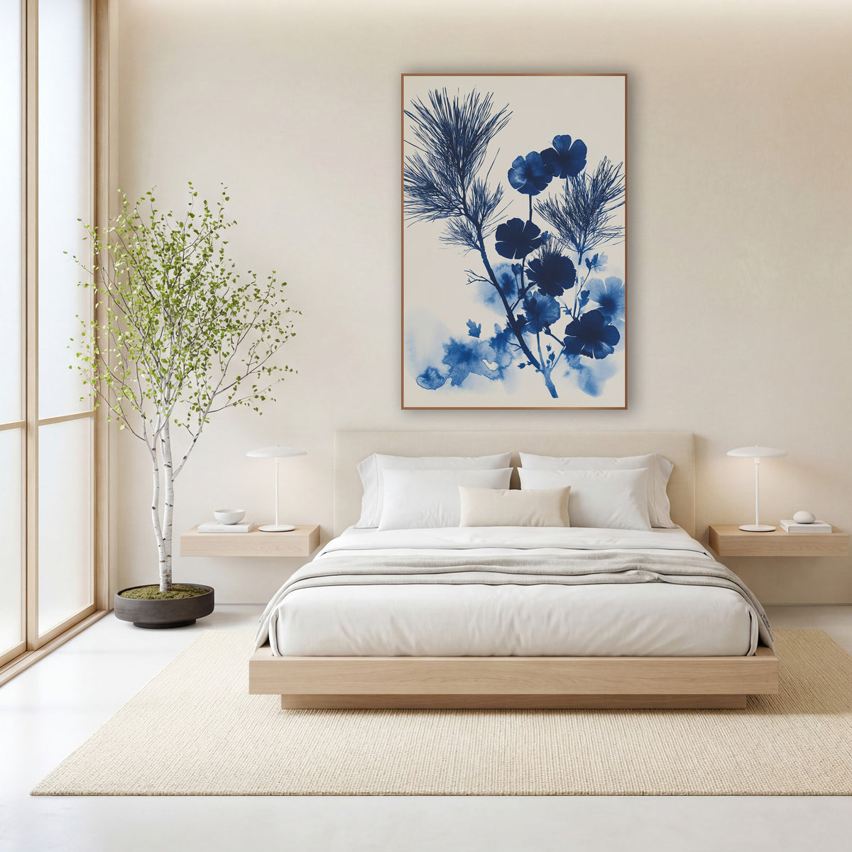 Indigo Evergreen Bloom Japandi Botanical wall art in a calm Japandi-style room – deep blue evergreen sprigs and round