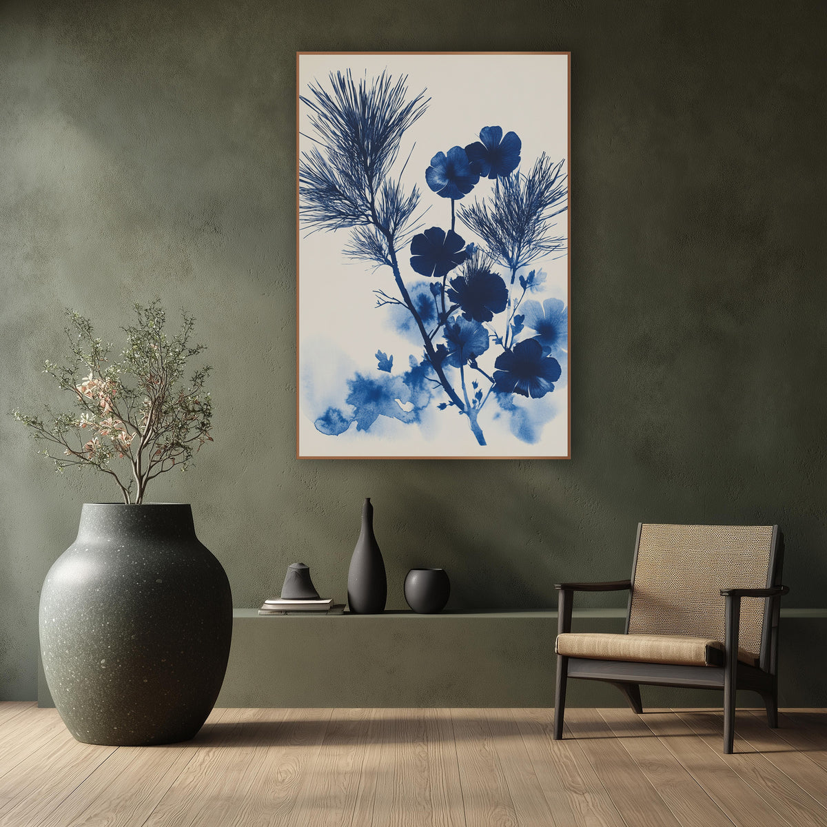 Indigo Evergreen Bloom Japandi Botanical wall art in a calm Japandi-style room – deep blue evergreen sprigs and round