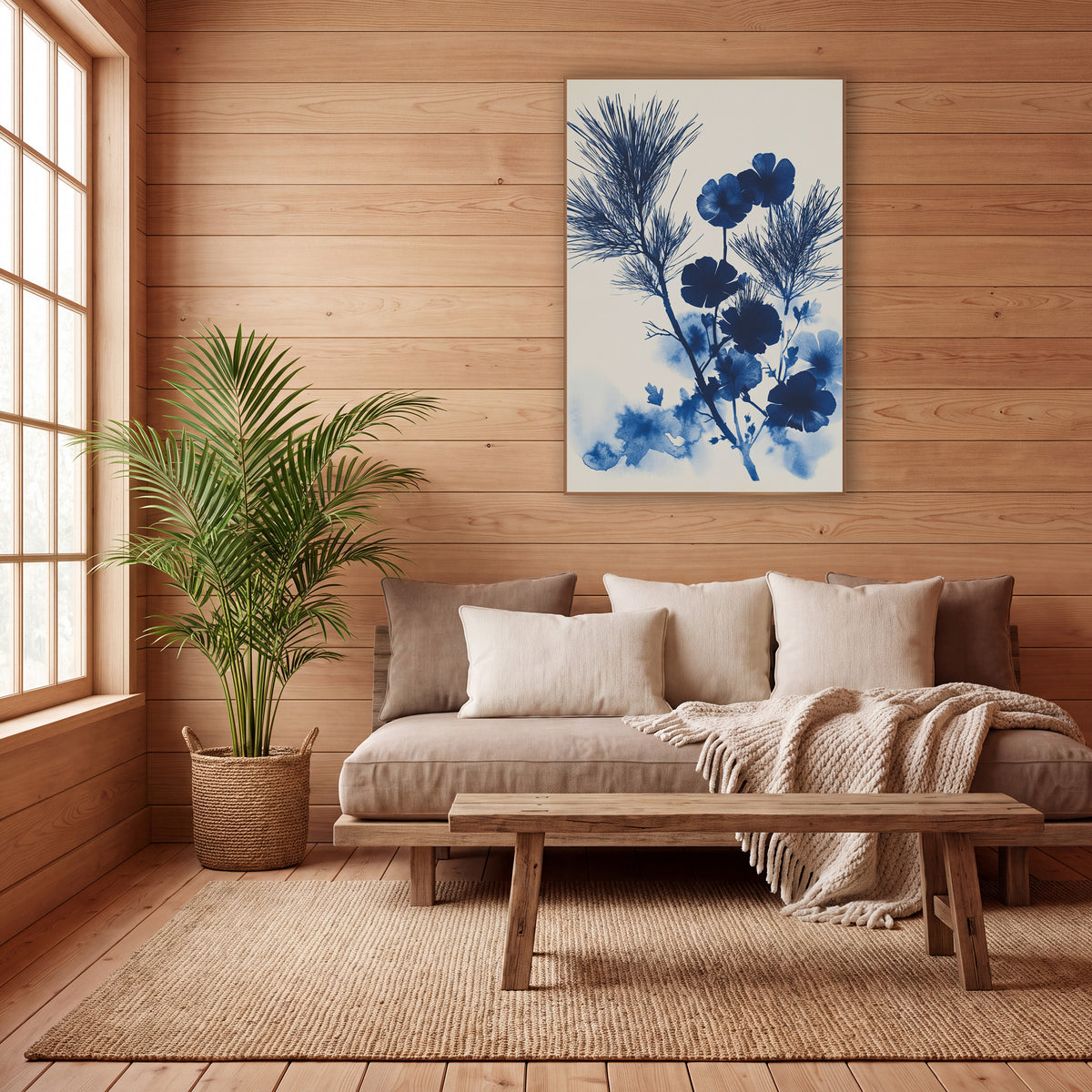 Indigo Evergreen Bloom Japandi Botanical wall art in a calm Japandi-style room – deep blue evergreen sprigs and round