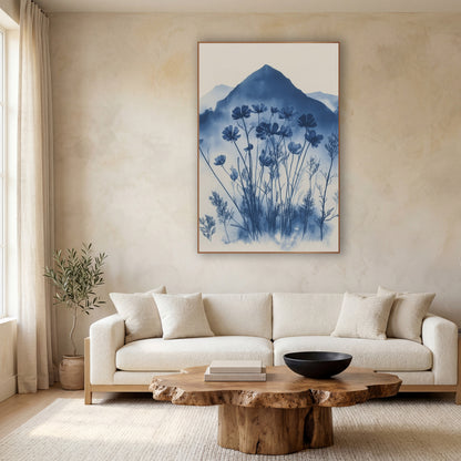 Indigo Wildflower Mountain Botanical wall art in a calm Japandi-style room – deep blue wildflowers and feathery
