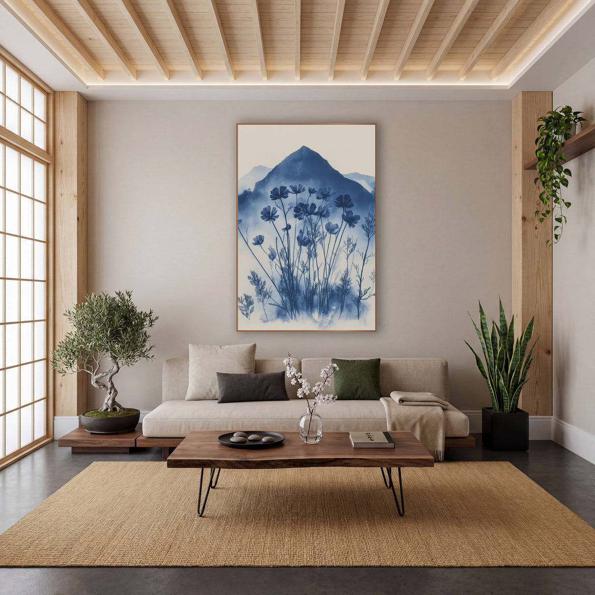Indigo Wildflower Mountain Botanical wall art in a calm Japandi-style room – deep blue wildflowers and feathery