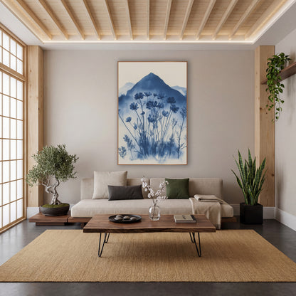Indigo Wildflower Mountain Botanical wall art in a calm Japandi-style room – deep blue wildflowers and feathery