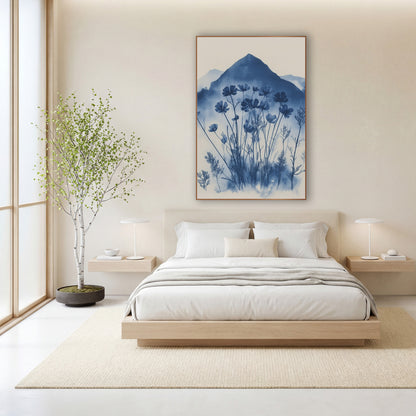 Indigo Wildflower Mountain Botanical wall art in a calm Japandi-style room – deep blue wildflowers and feathery