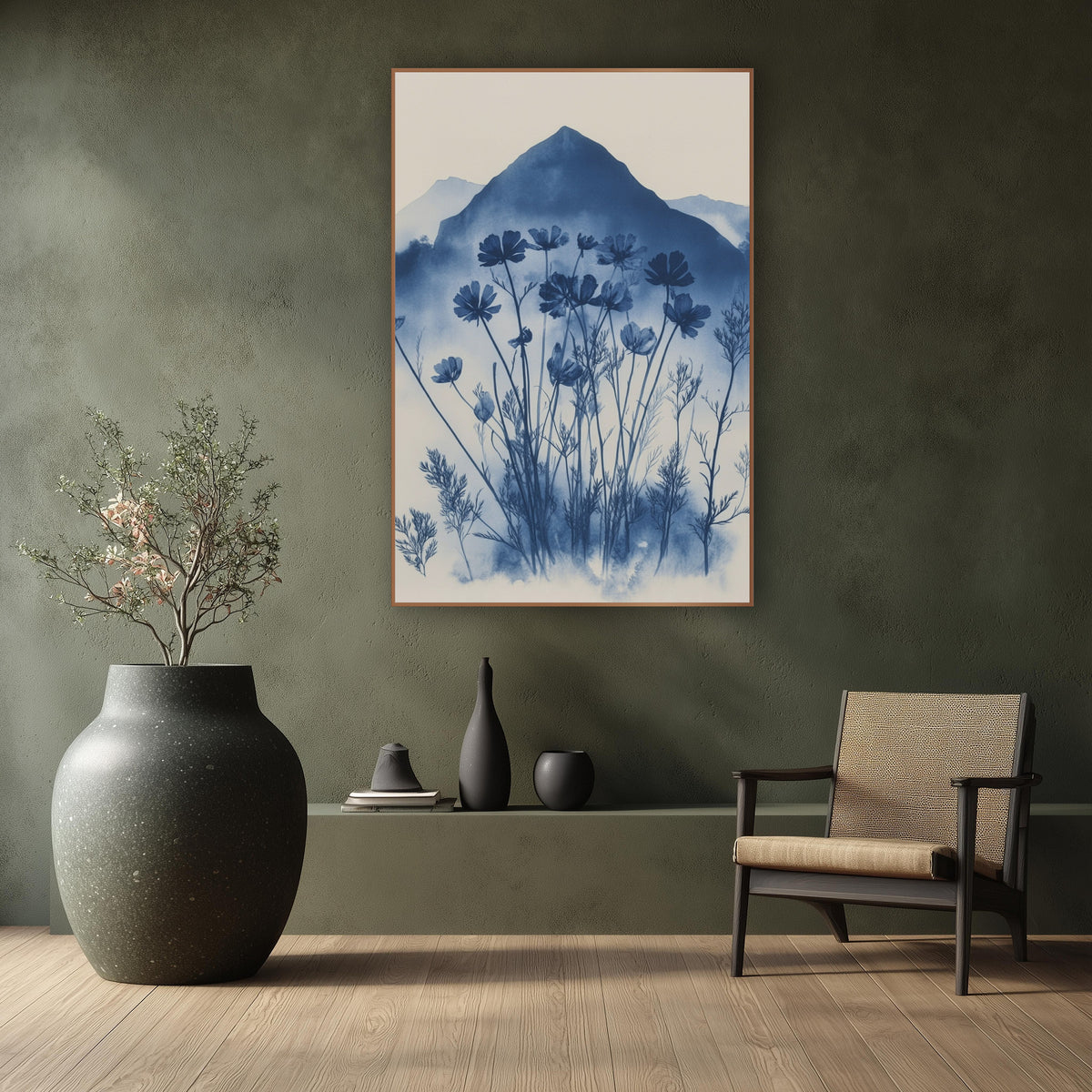 Indigo Wildflower Mountain Botanical wall art in a calm Japandi-style room – deep blue wildflowers and feathery