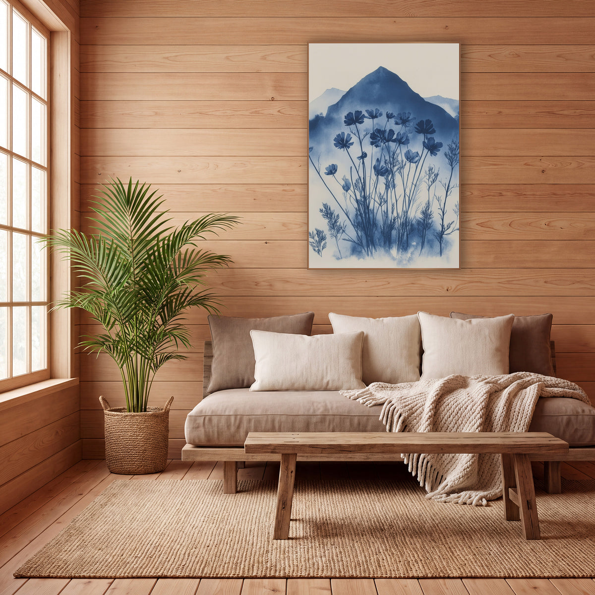 Indigo Wildflower Mountain Botanical wall art in a calm Japandi-style room – deep blue wildflowers and feathery