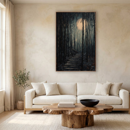 Moonlit Bamboo Steps Japandi wall art in a calm Japandi-style room – dark bamboo grove with a worn stairway rising