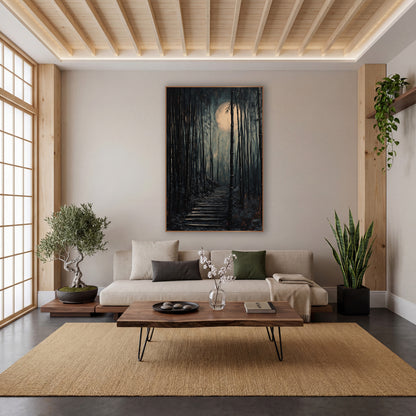 Moonlit Bamboo Steps Japandi wall art in a calm Japandi-style room – dark bamboo grove with a worn stairway rising
