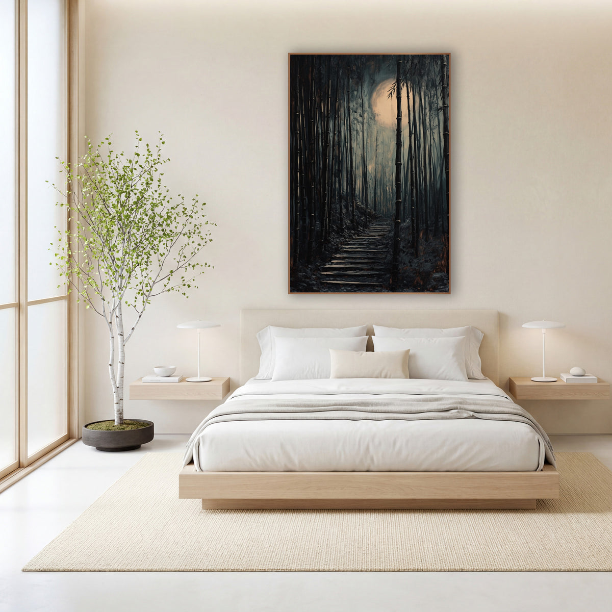Moonlit Bamboo Steps Japandi wall art in a calm Japandi-style room – dark bamboo grove with a worn stairway rising