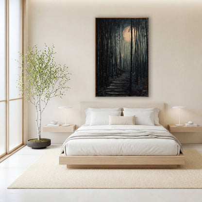 Moonlit Bamboo Steps Japandi wall art in a calm Japandi-style room – dark bamboo grove with a worn stairway rising